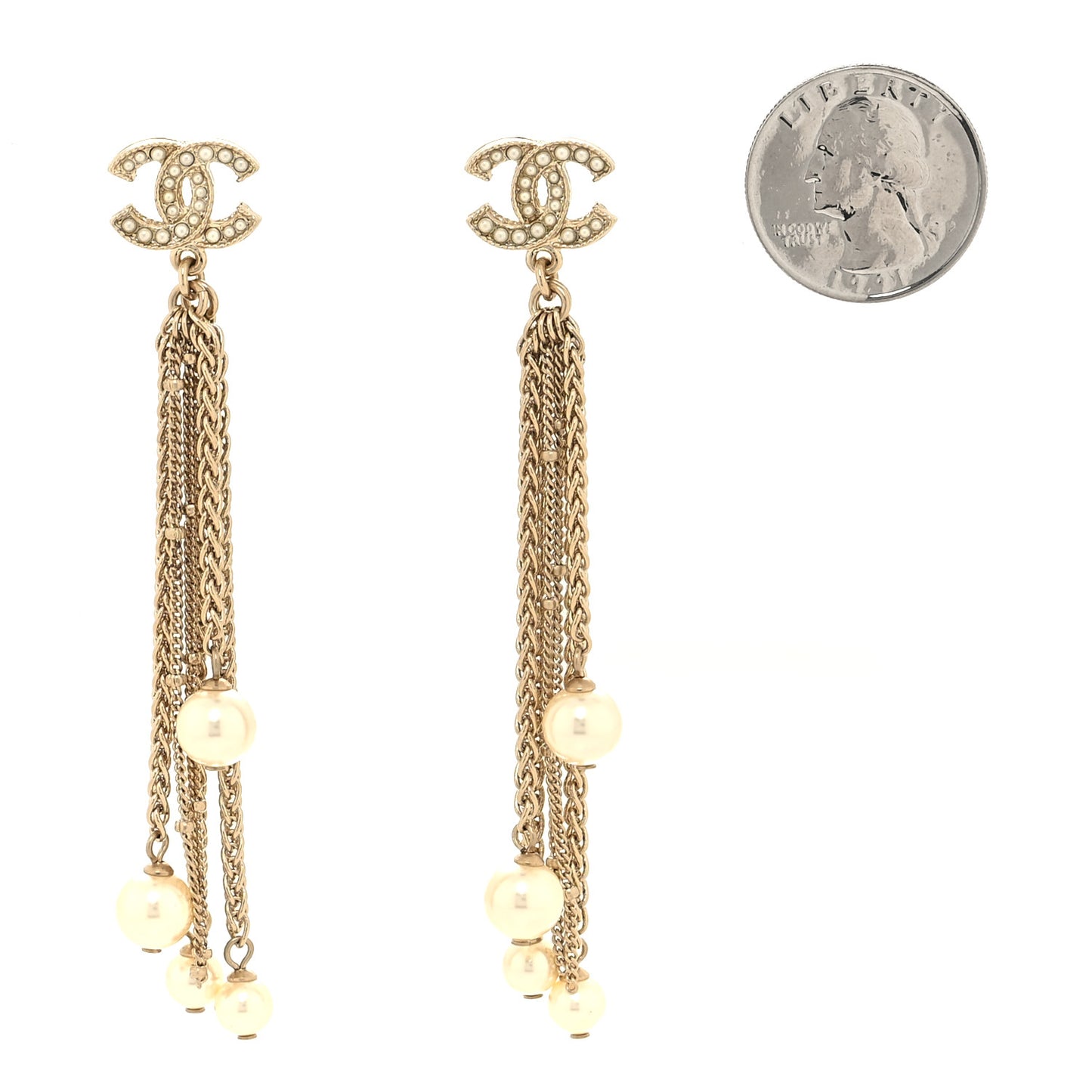 Pearl Chain CC Dangle Earrings Gold