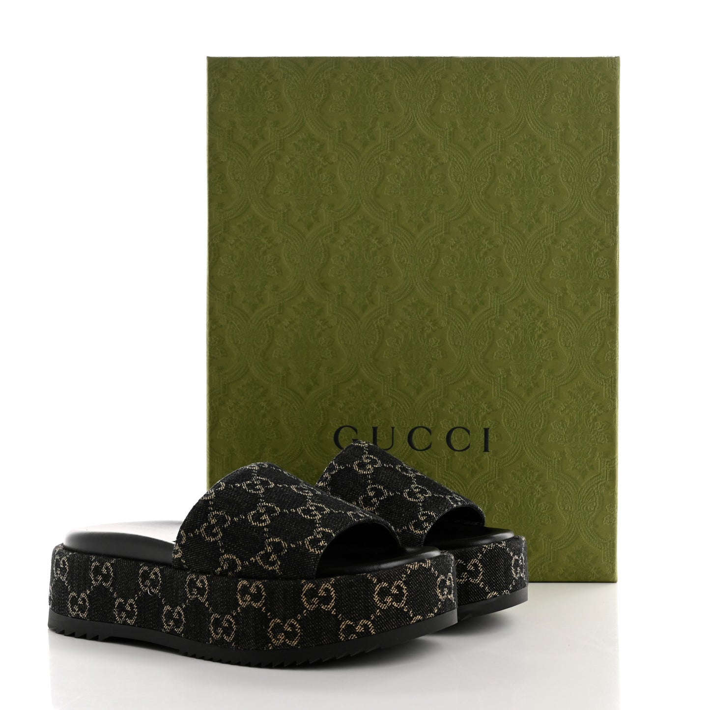 Jacquard Black Denim GG Monogram Angelina Platform 55mm Slide Sandals 36 Black Ivory