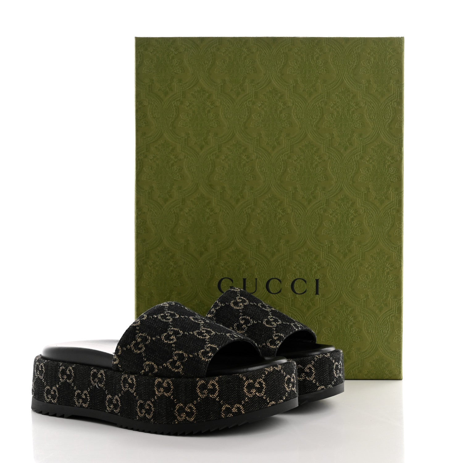 Gucci Jacquard Black Denim GG Monogram Angelina Platform 55mm Slide Sandals 36 Black Ivory 10 of 10