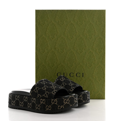 Gucci Jacquard Black Denim GG Monogram Angelina Platform 55mm Slide Sandals 36 Black Ivory 10 of 10