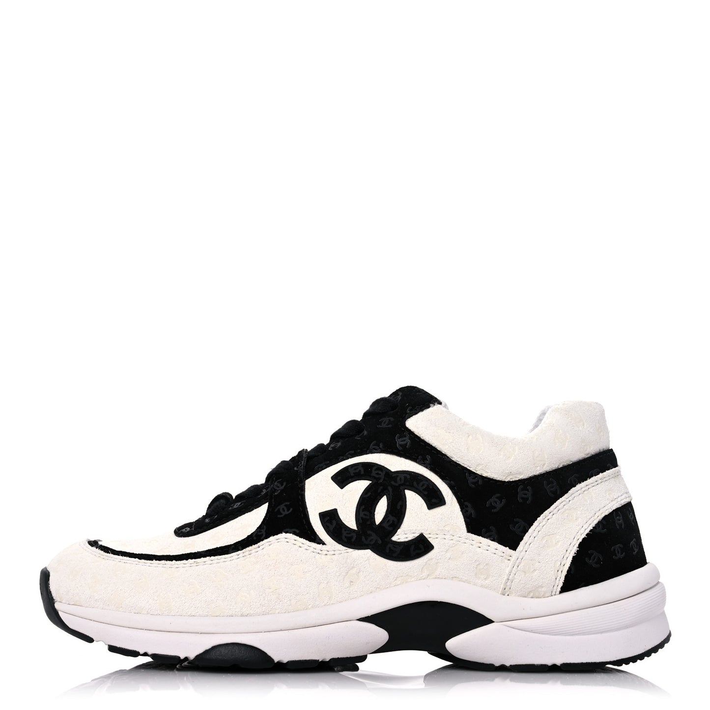 Suede Calfskin Womens CC Printed Sneakers 37.5 White Black