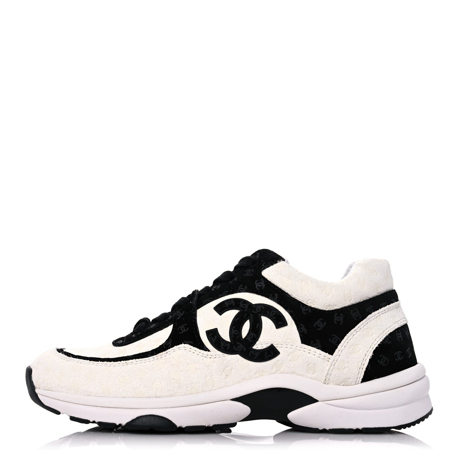 Chanel Suede Calfskin Womens CC Printed Sneakers 37.5 White Black 1 of 9