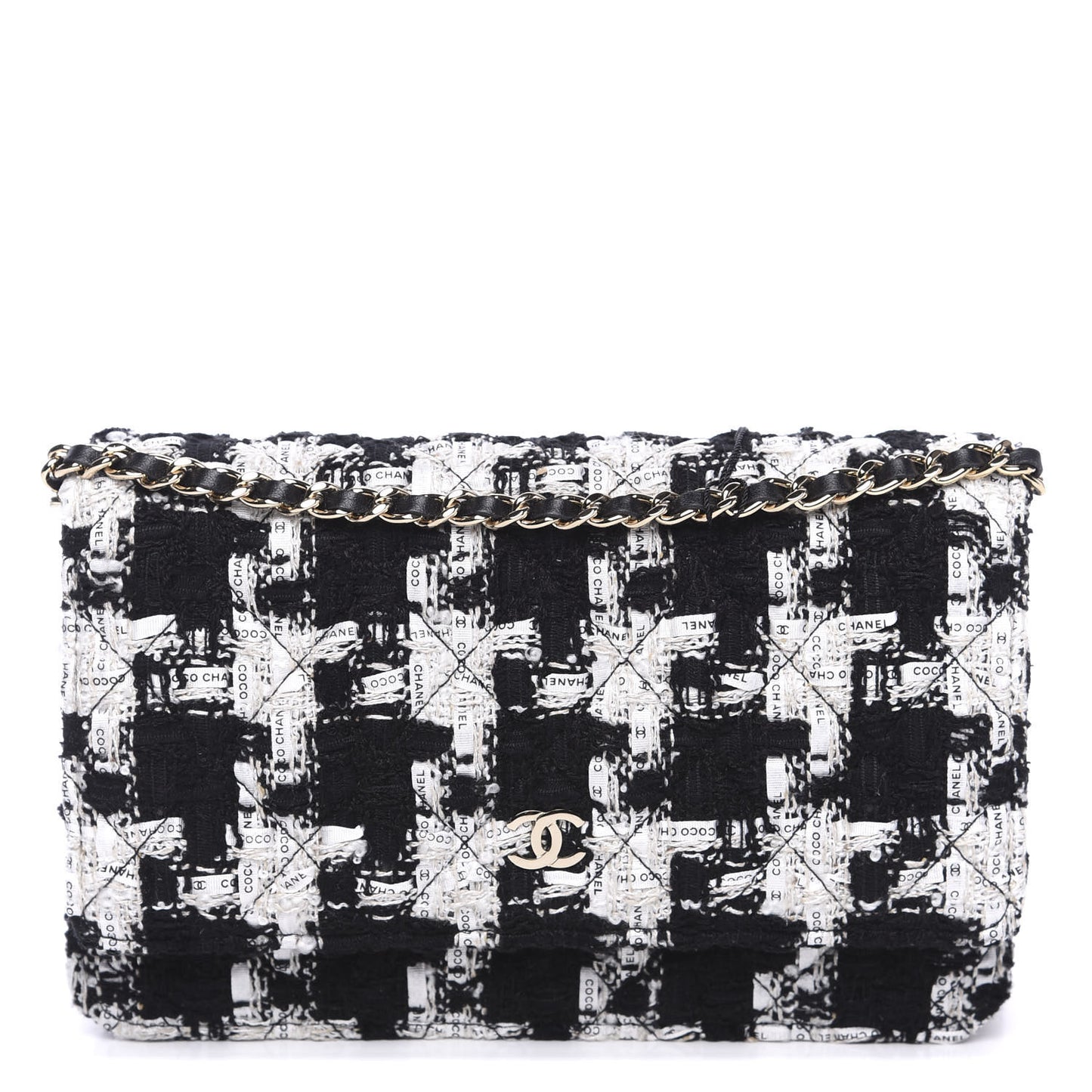 Tweed Quilted Wallet On Chain WOC Black Ecru White