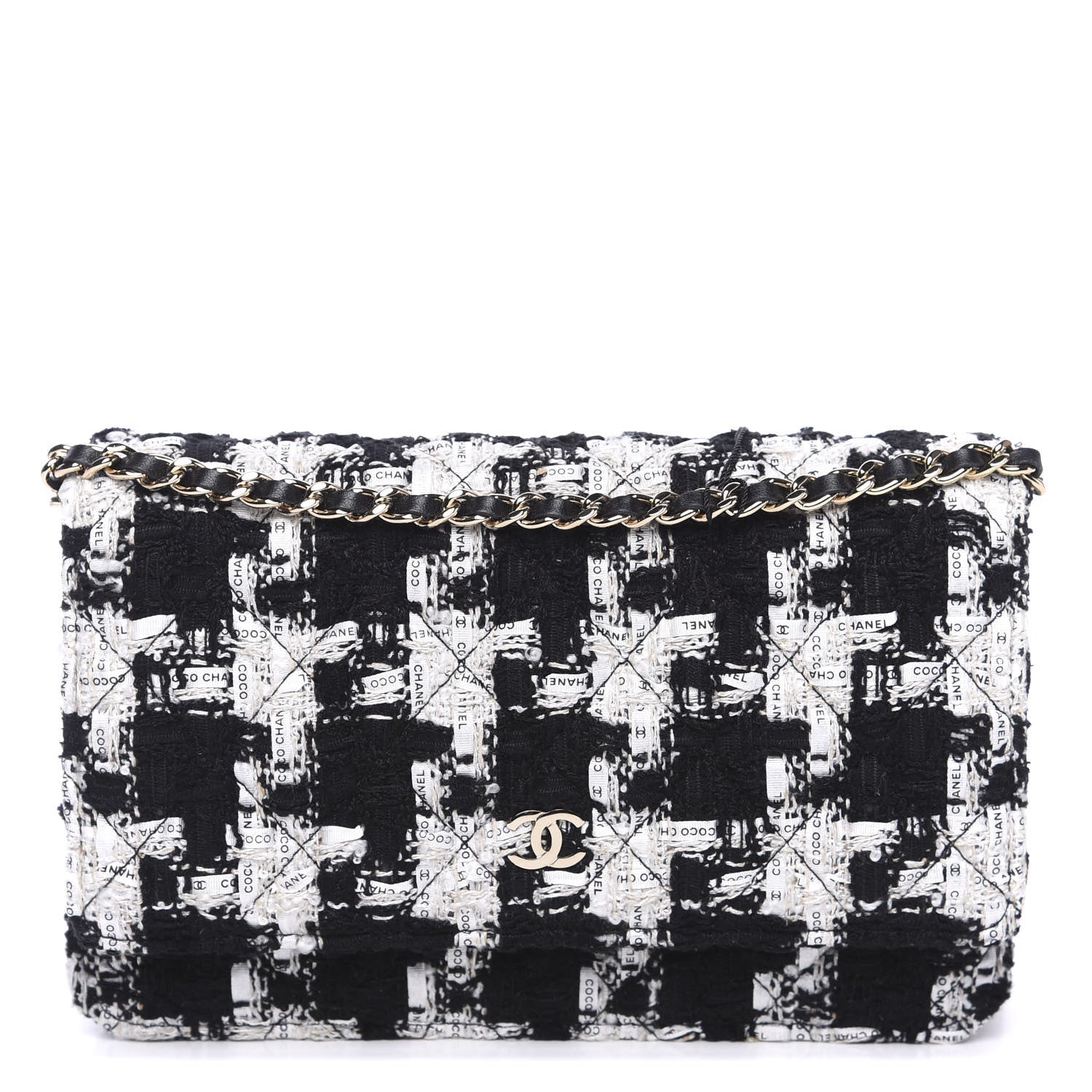 Chanel Tweed Quilted Wallet On Chain WOC Black Ecru White 1 of 11