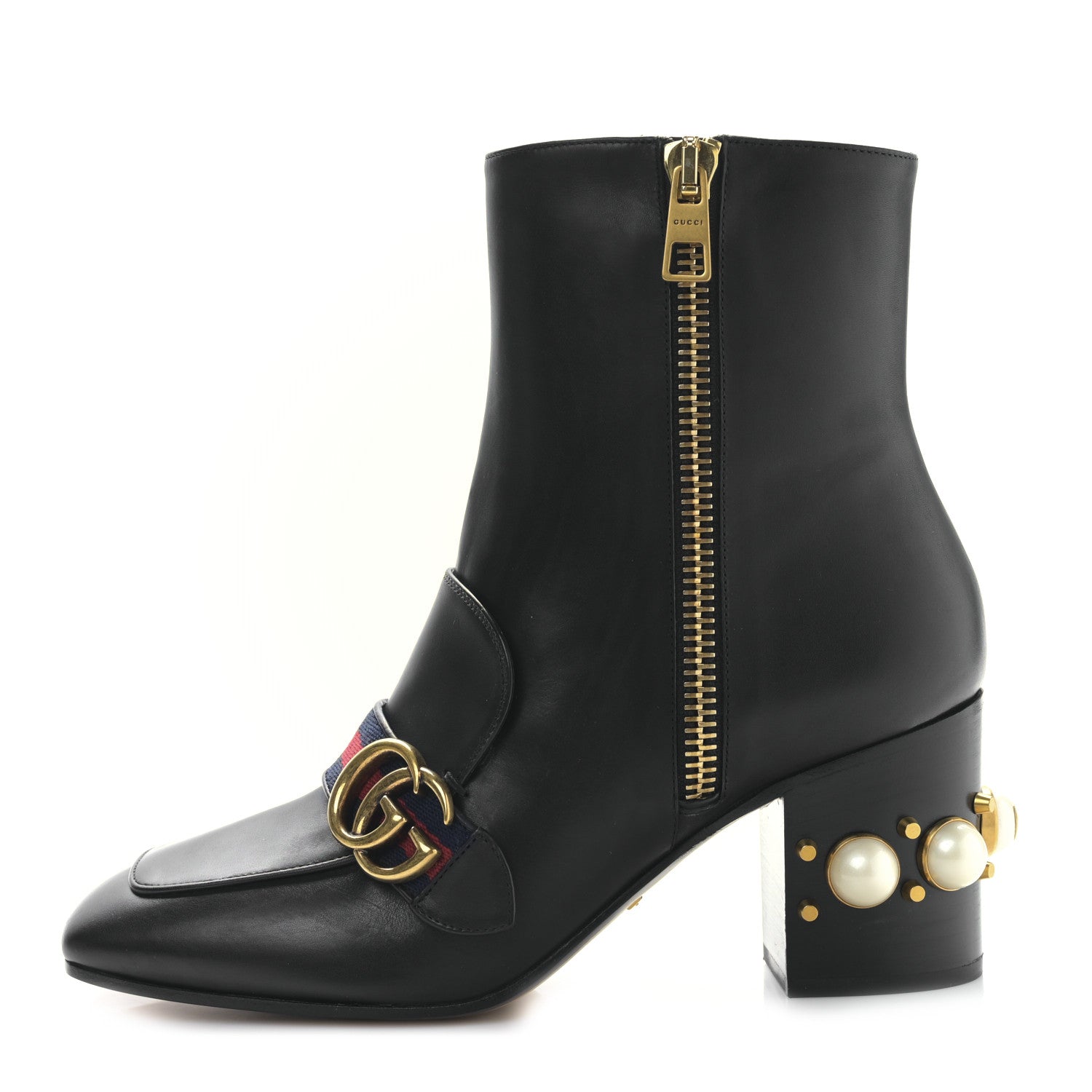 Gucci Betis Glamour Calfskin Web Pearl Embellished Peyton 75mm Ankle Boots 39 Black 1 of 8
