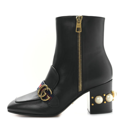 Gucci Betis Glamour Calfskin Web Pearl Embellished Peyton 75mm Ankle Boots 39 Black 1 of 8