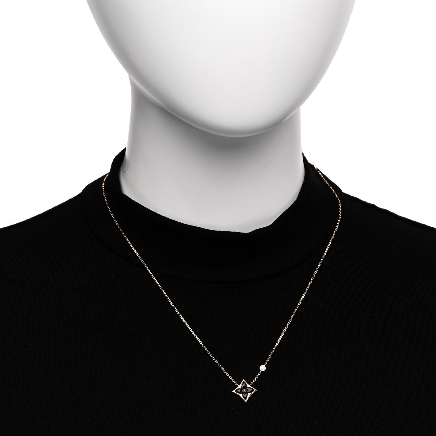 18K Yellow Gold Diamond Black Onyx Color Blossom BB Star Pendant Necklace
