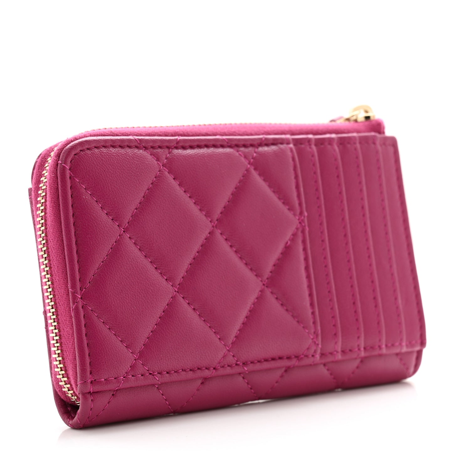 Lambskin Quilted Pearl Crystal CC Zip Around Card Holder Pink
