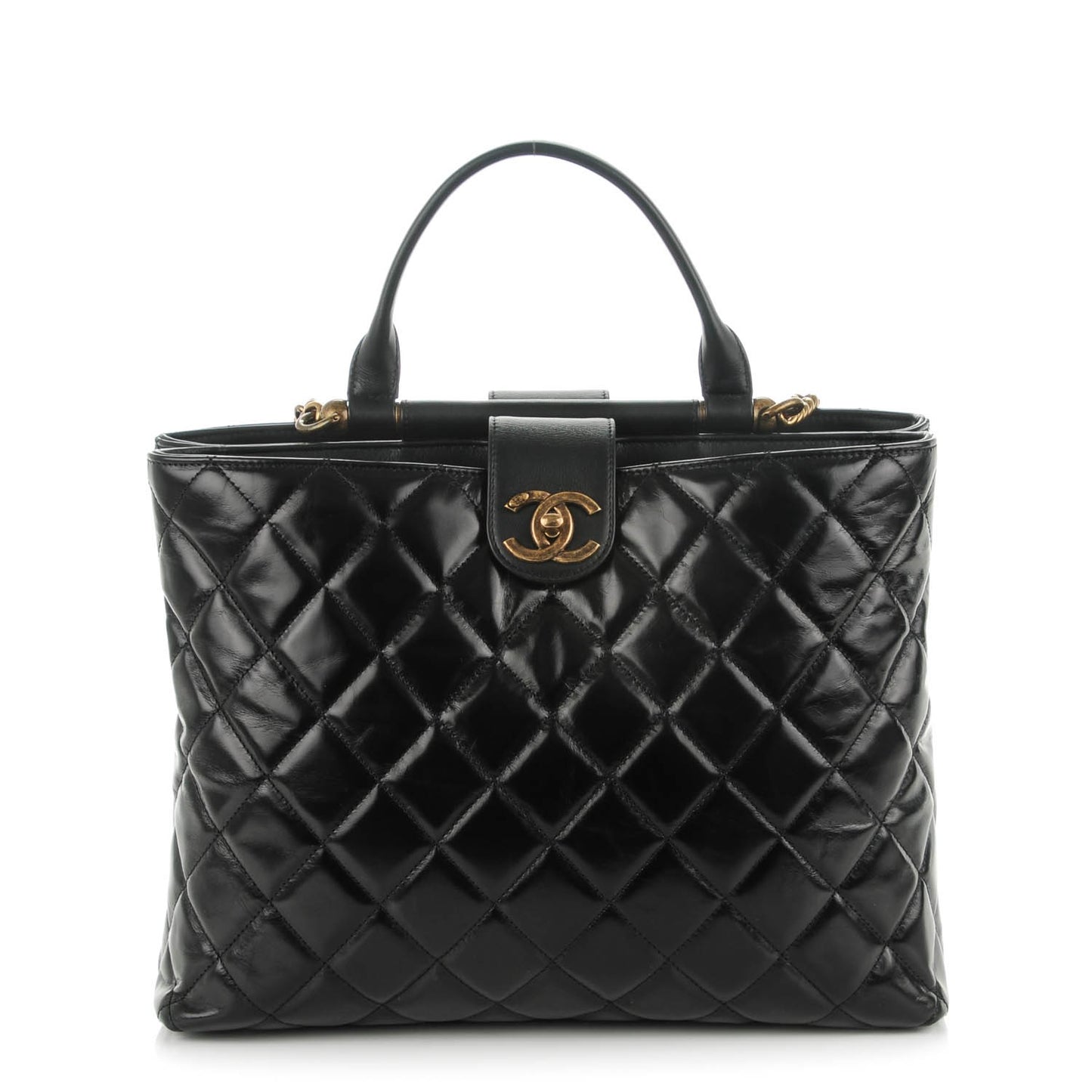 Calfskin Quilted Large Gold Bar Top Handle Tote Black
