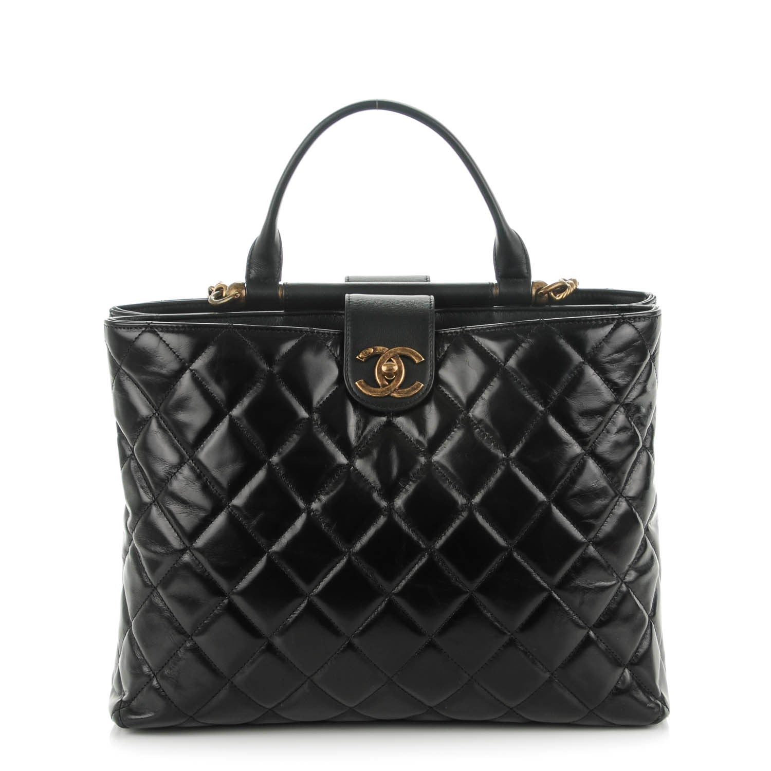 Chanel Calfskin Quilted Large Gold Bar Top Handle Tote Black 1 of 7
