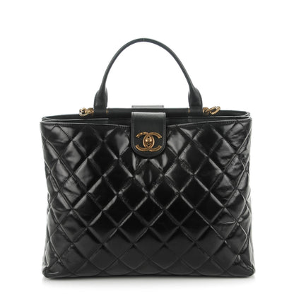 Chanel Calfskin Quilted Large Gold Bar Top Handle Tote Black 1 of 7