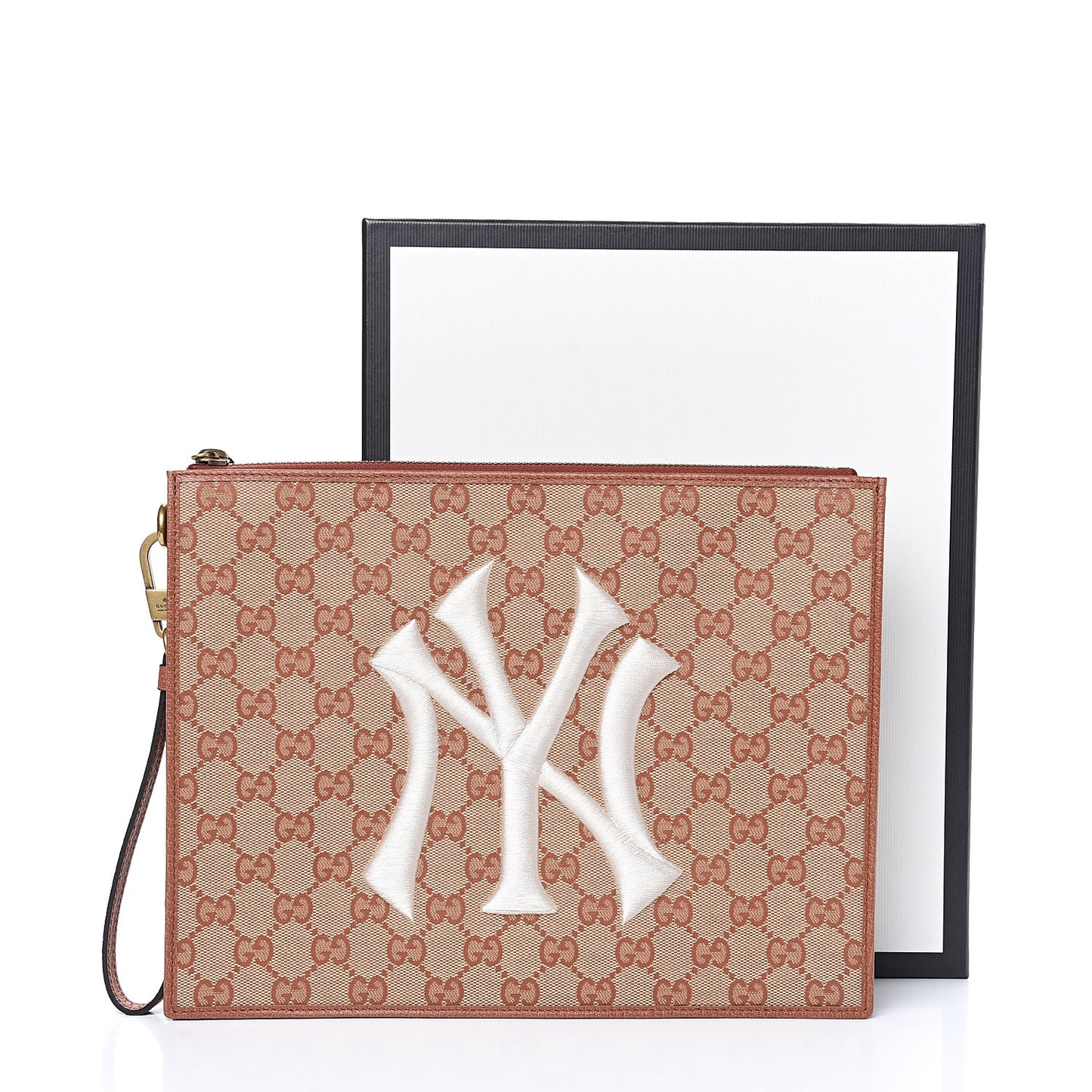 X MLB GG Monogram NY Yankees Zip Wristlet Pouch Beige Ruggine Ivory