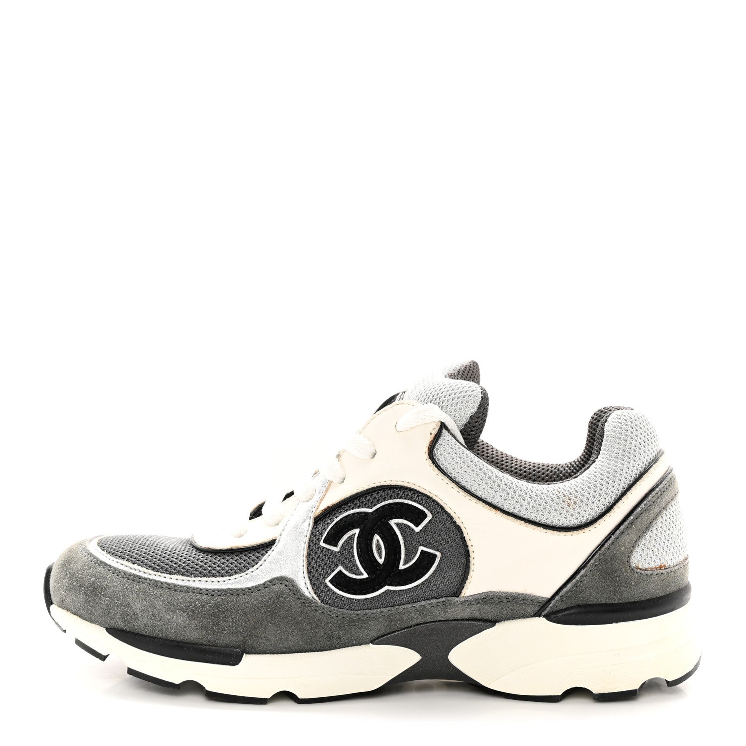 Chanel Mesh Suede Calfskin Womens CC Sneakers 37.5 Grey 1 of 14