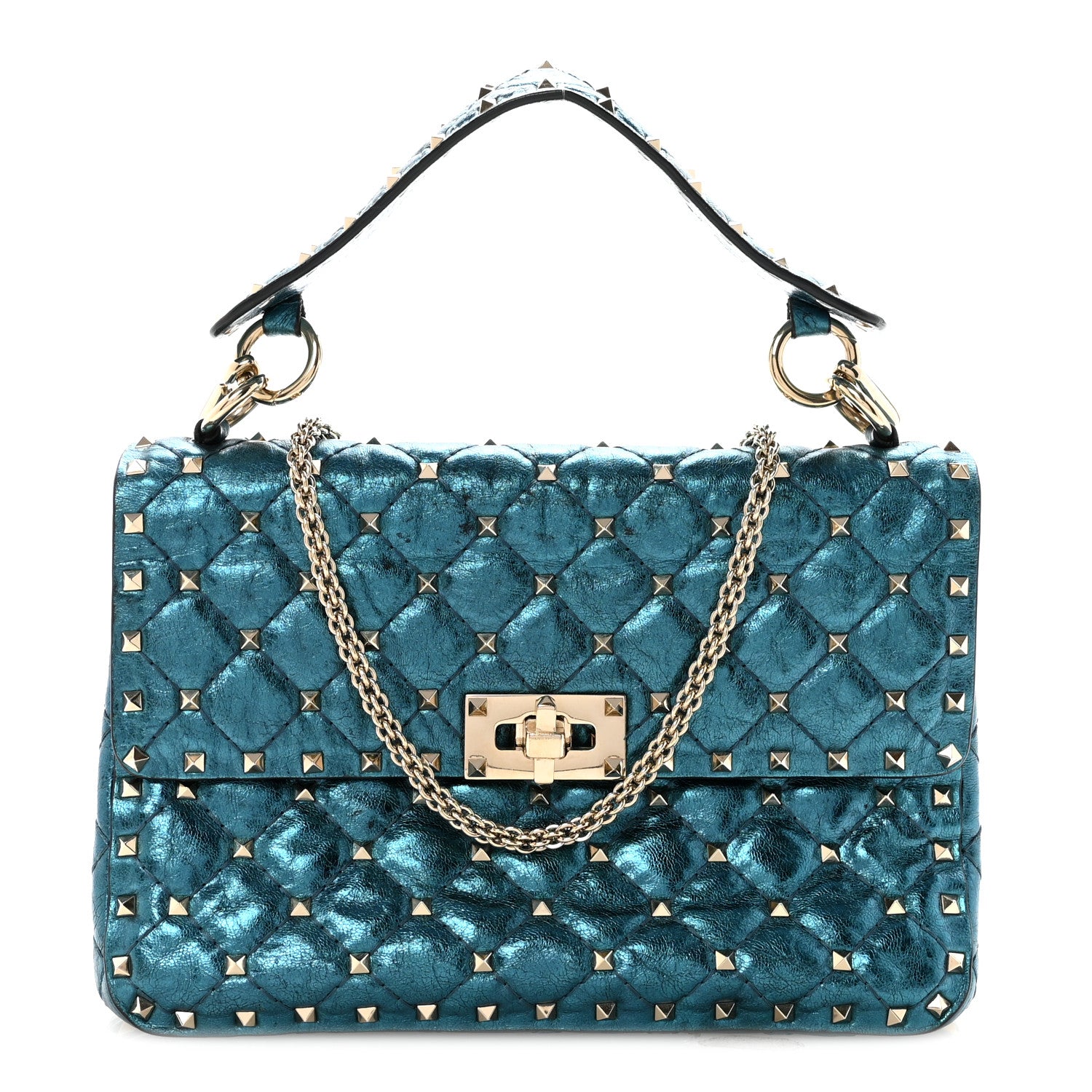 Valentino Garavani Metallic Wrinkled Lambskin Medium Rockstud Spike Shoulder Bag Peacock 1 of 9
