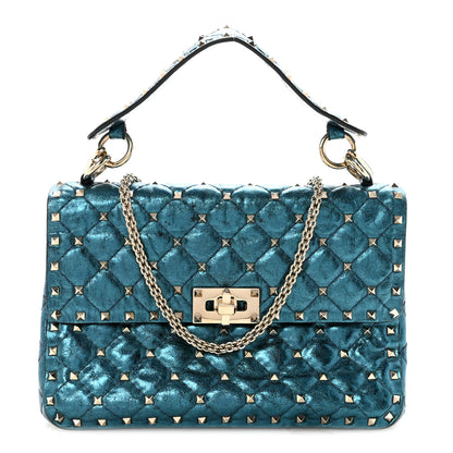 Valentino Garavani Metallic Wrinkled Lambskin Medium Rockstud Spike Shoulder Bag Peacock 1 of 9