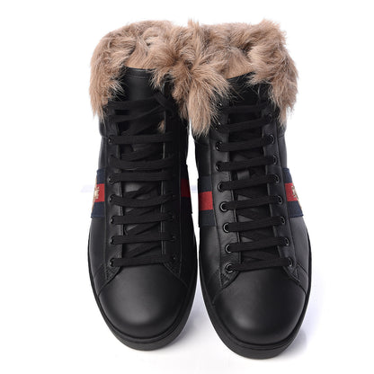 Gucci Calfskin Wool Web Bee Embroidered Mens Ace High Top Sneakers 12.5 Black 6 of 10
