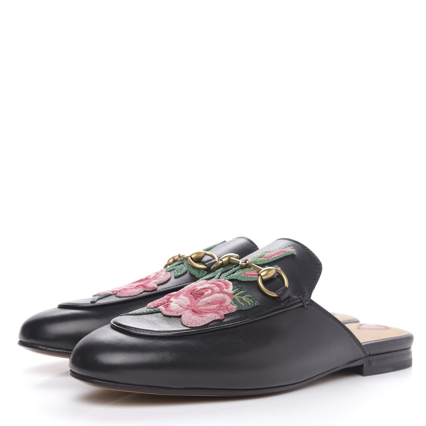 Calfskin Flower Embroidered Princetown Slippers 37 Black