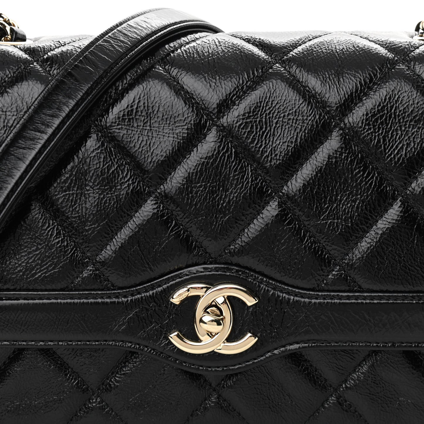 Crumpled Glazed Lambskin Quilted Small Flap Black
