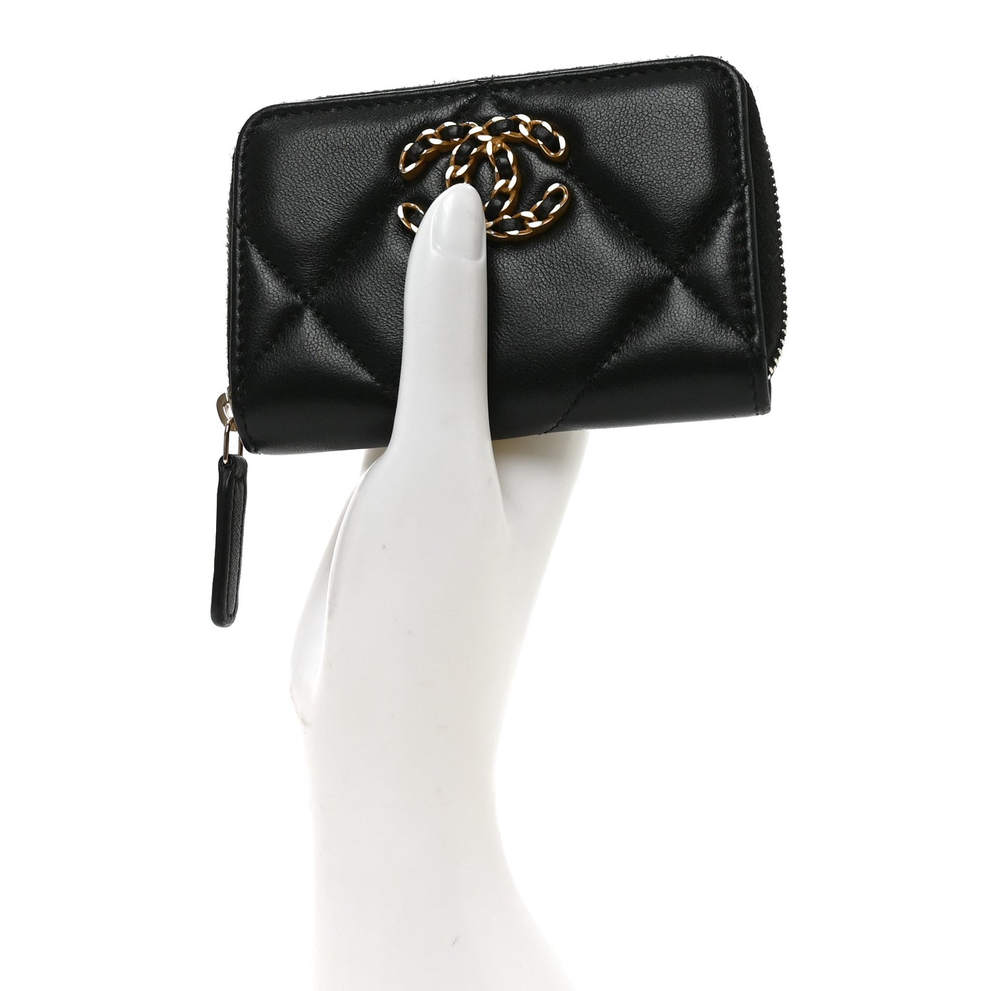 Lambskin Quilted Chanel 19 Zip Around Coin Purse Wallet Black