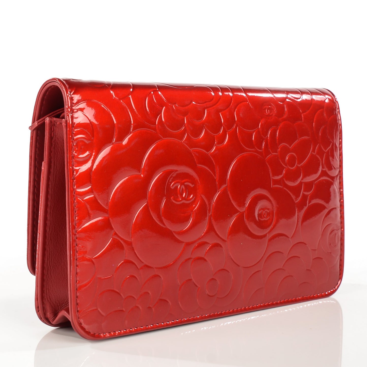 Patent Camellia Embossed Wallet on Chain WOC Rouge