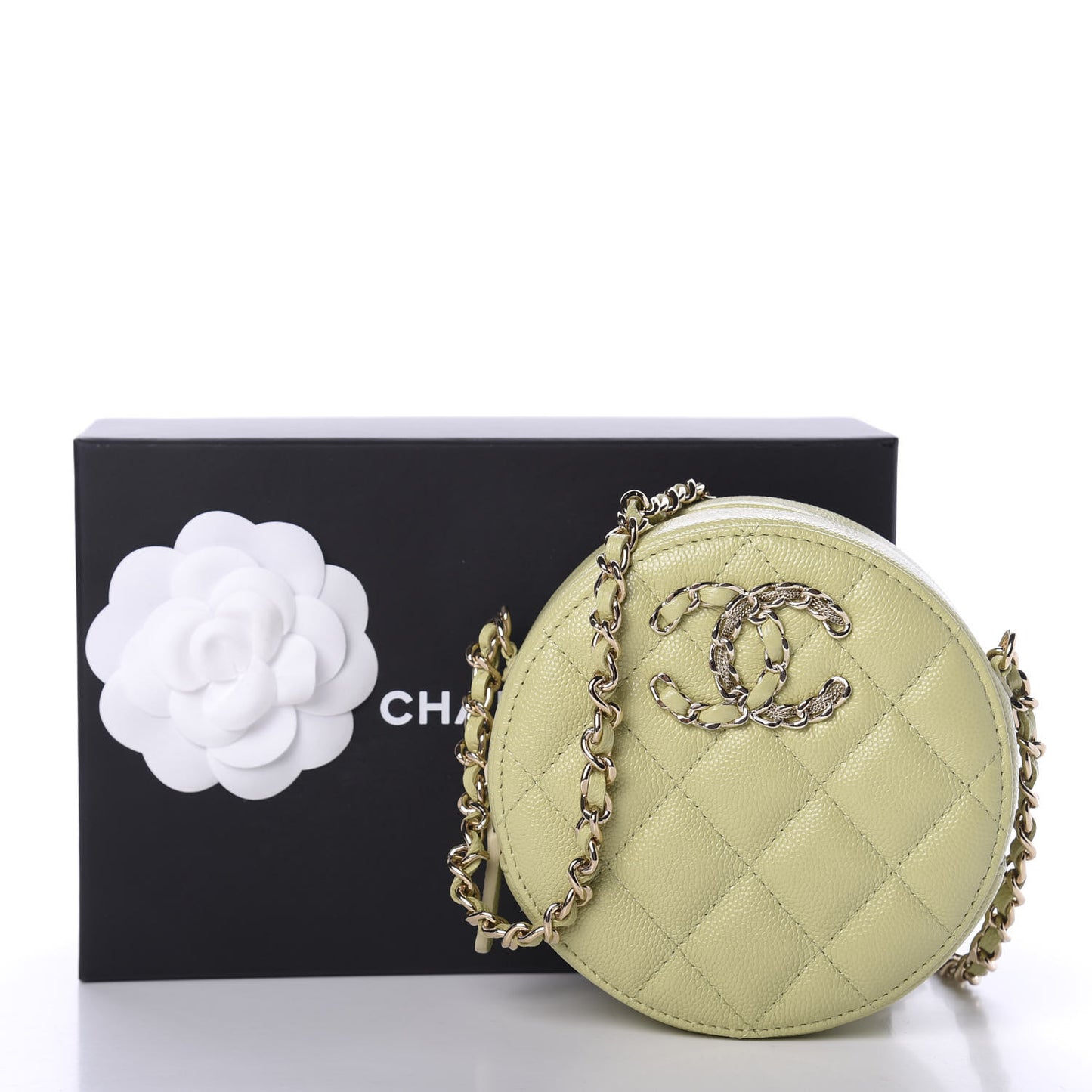 Caviar Quilted French New Wave Round Clutch With Chain Light Green