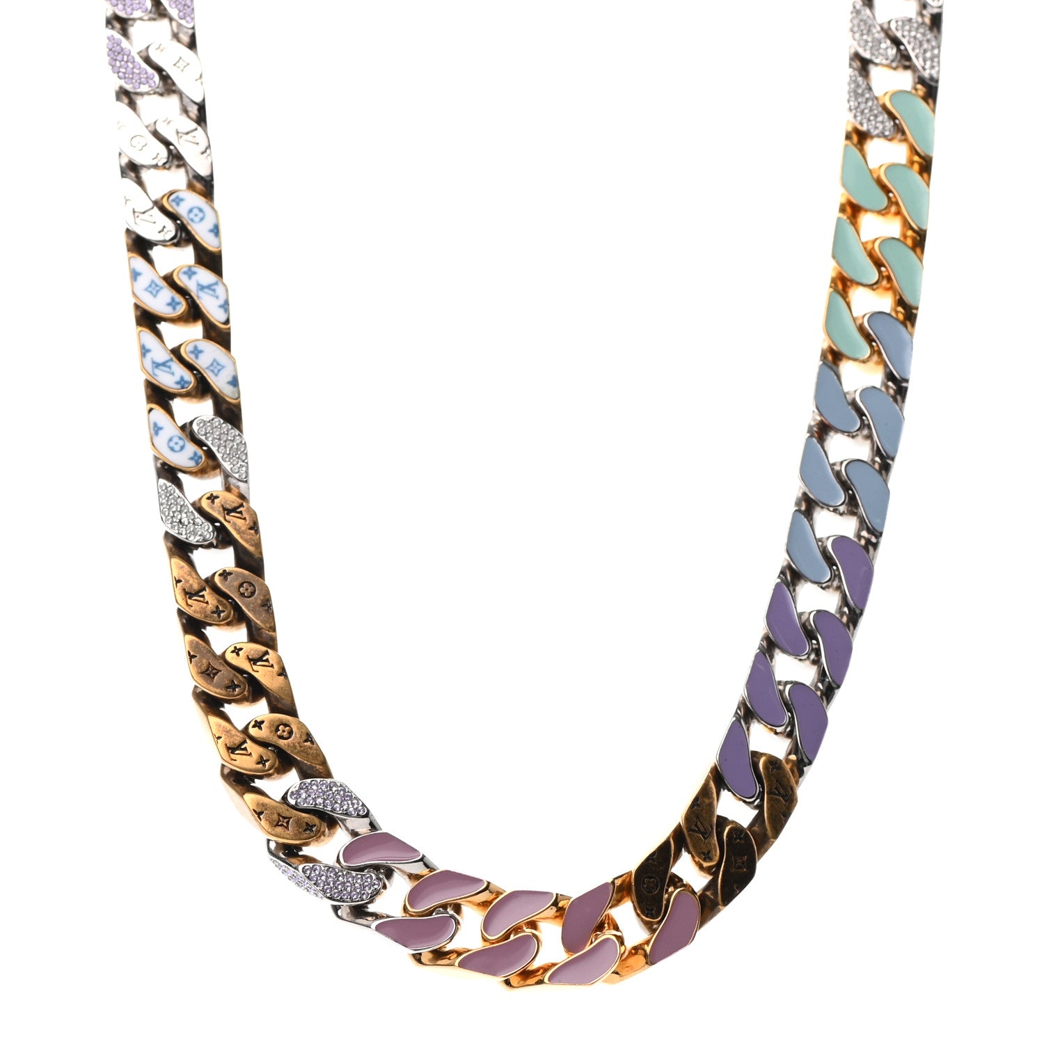 Louis Vuitton Metal Enamel Crystal Soapy Chain Necklace Silver Gold 1 of 4