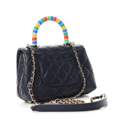Chanel Goatskin Quilted Extra Mini Rainbow Coco Handle Flap Navy Blue 3 of 13