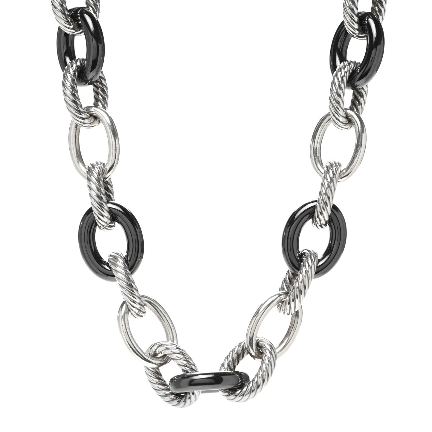Sterling Silver Black Ceramic 18mm Large Oval Link Necklace Black