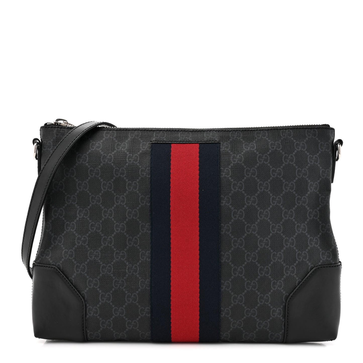 Soft GG Supreme Monogram Appia Calfskin Web East West Messenger Bag Black Grey