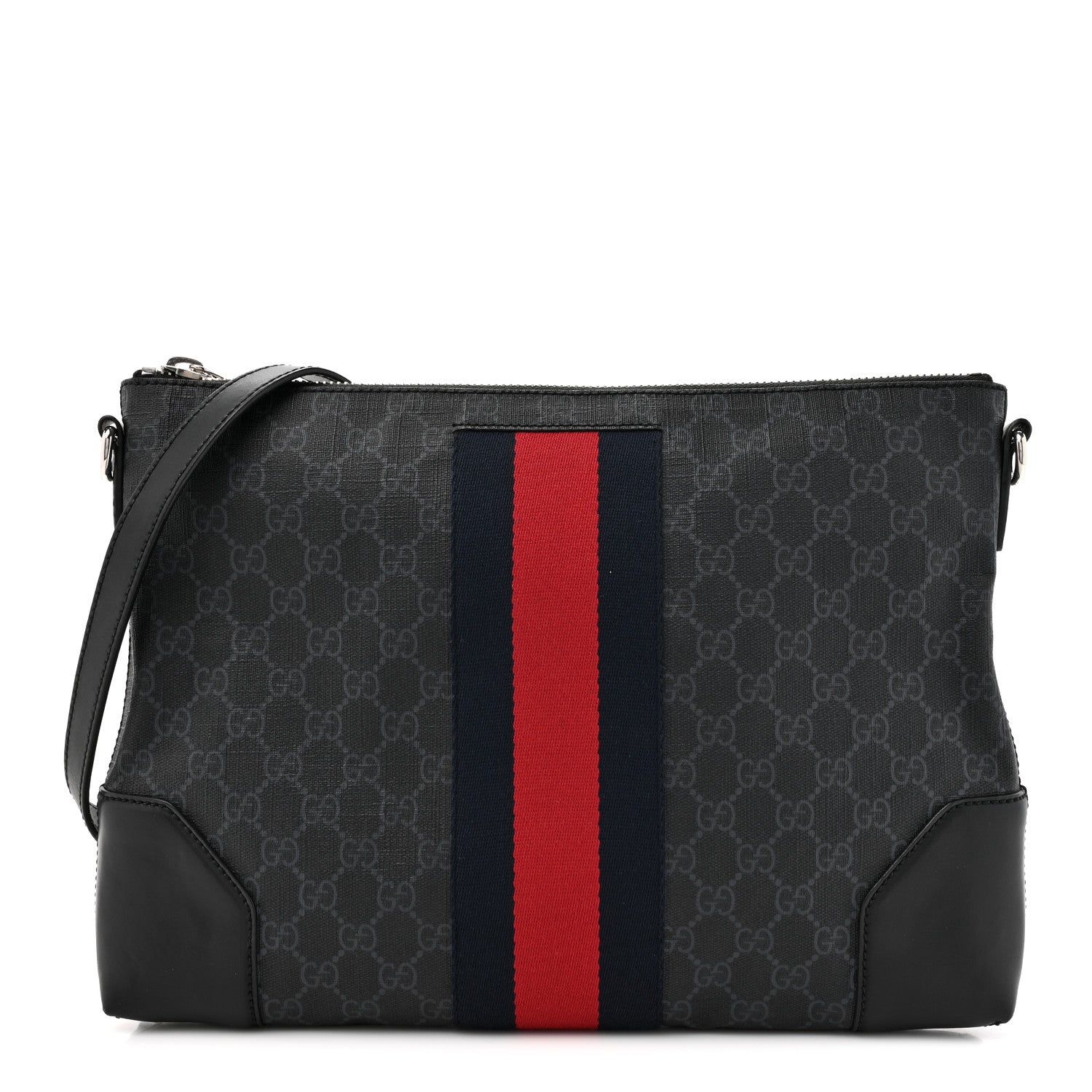 Gucci Soft GG Supreme Monogram Appia Calfskin Web East West Messenger Bag Black Grey 1 of 18