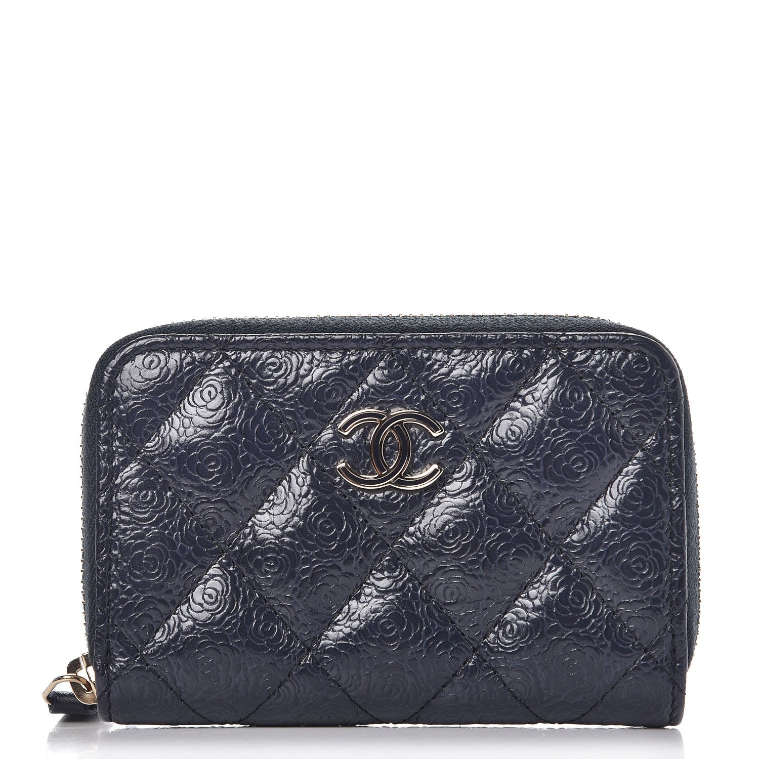 Chanel Calfskin Camellia Embossed Zip Coin Purse Navy 1 of 7