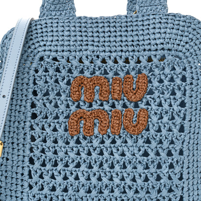 Miu Miu Raffia Crochet Woven Tote Bag Blue 8 of 11