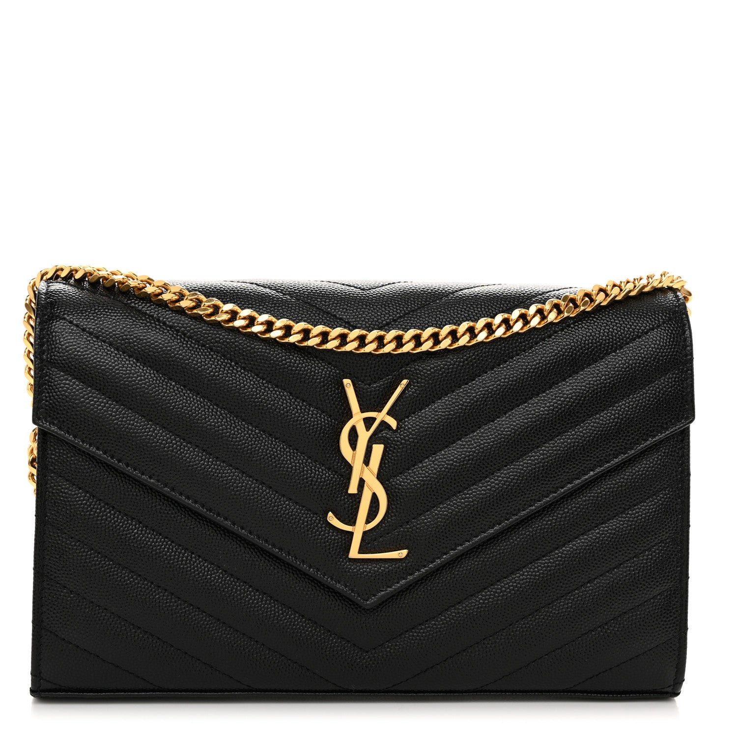 Saint Laurent Grain De Poudre Matelasse Chevron Monogram Chain Wallet Black 1 of 11