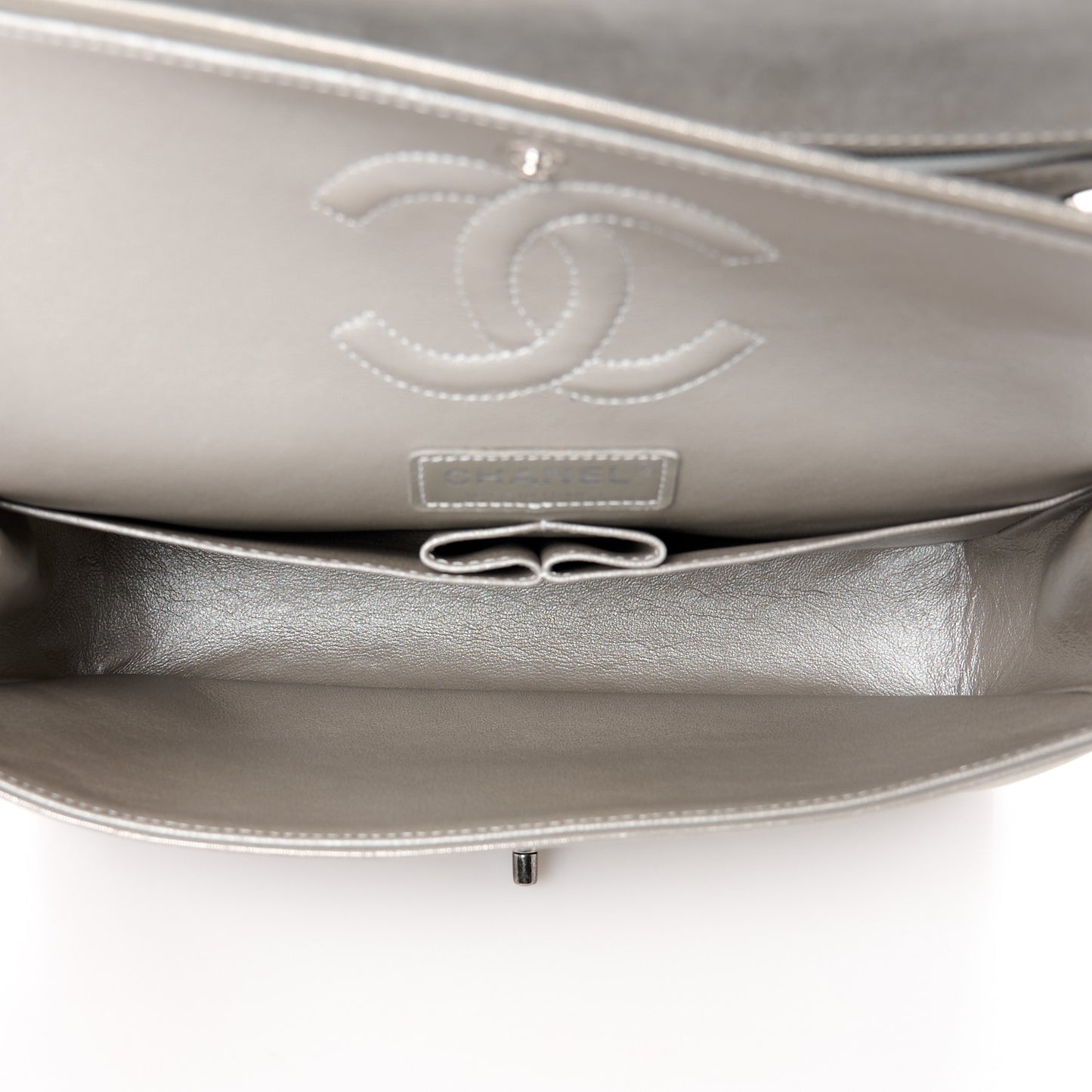 Iridescent Calfskin Chevron Quilted Medium Double Flap Silver