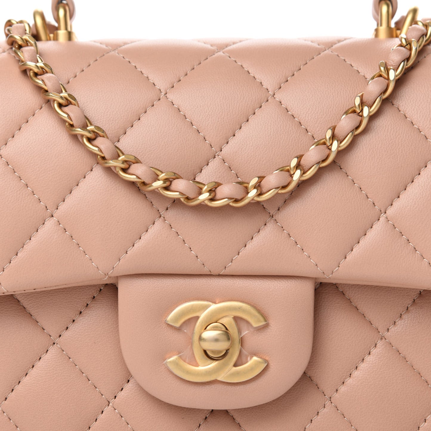 Lambskin Quilted Mini Top Handle Rectangular Flap Beige
