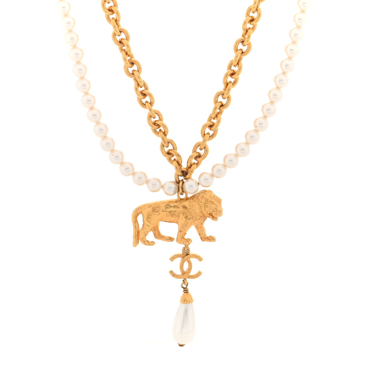 Metal CC Pearl Lion Necklace Gold