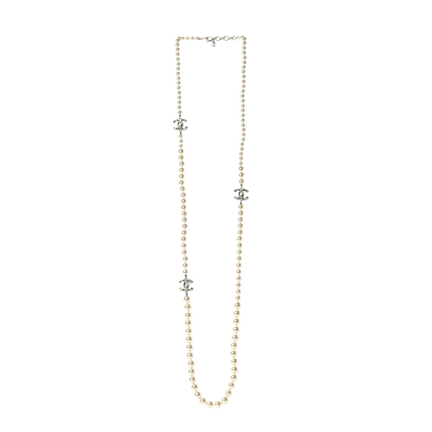 Graduated Pearl Crystal CC Long Necklace Black Gold