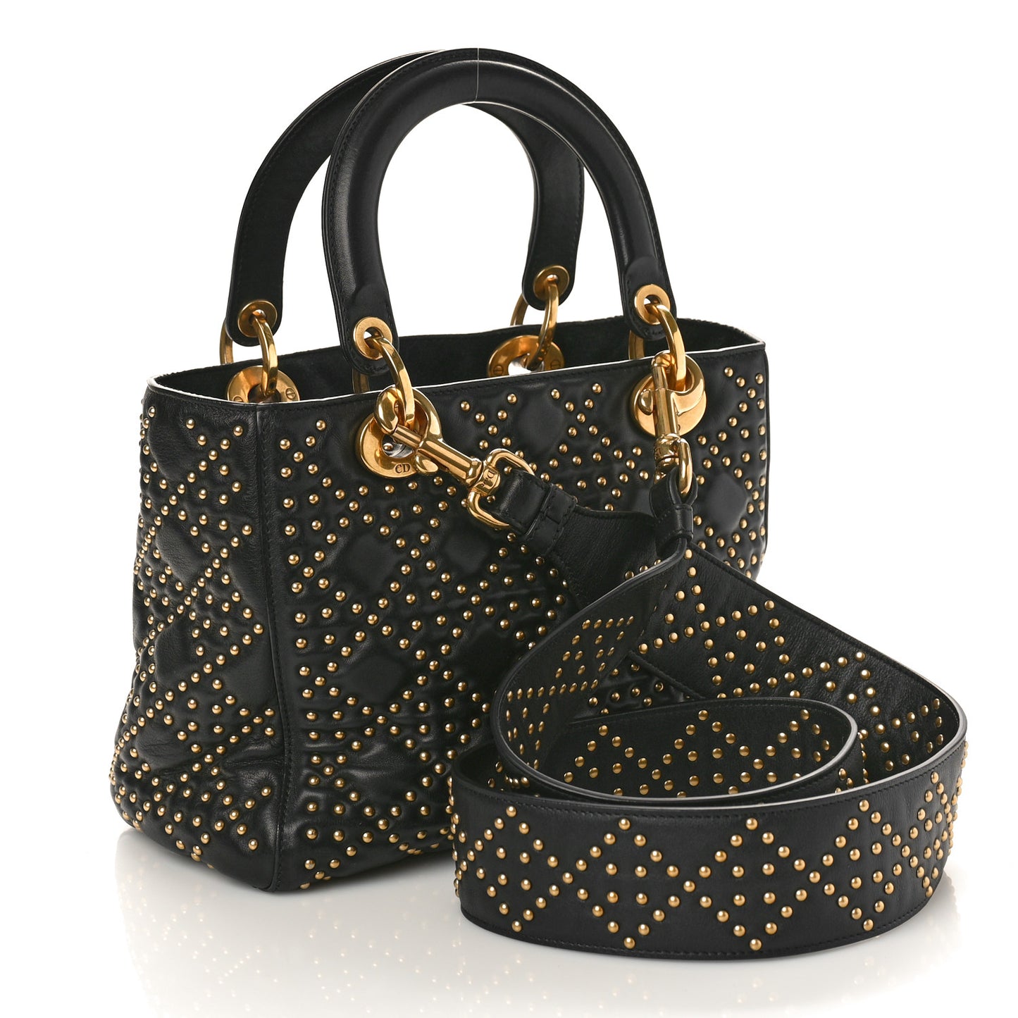 Calfskin Cannage Studded Medium Supple Lady Dior Black
