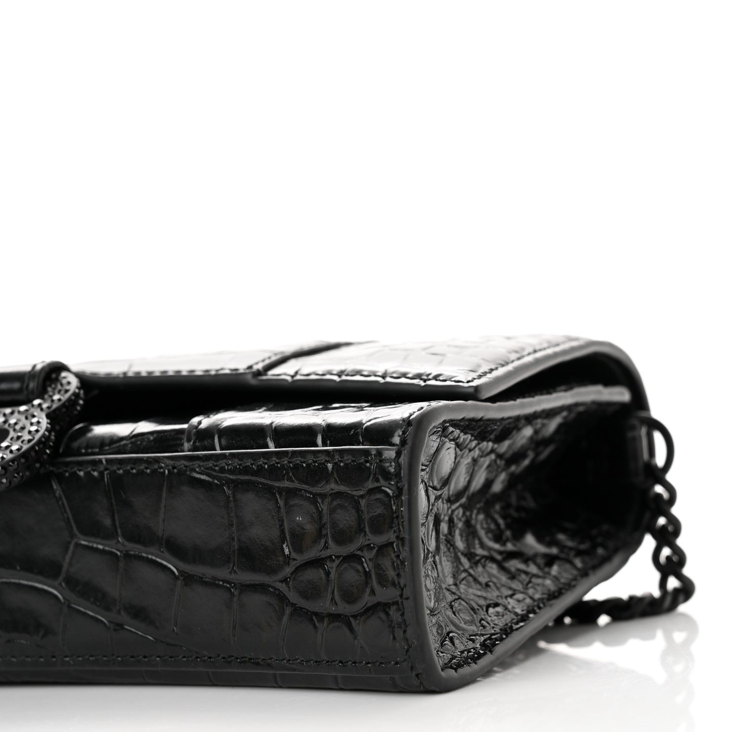 Shiny Calfskin Monochrome Crocodile Embossed Hourglass Chain Bag Black