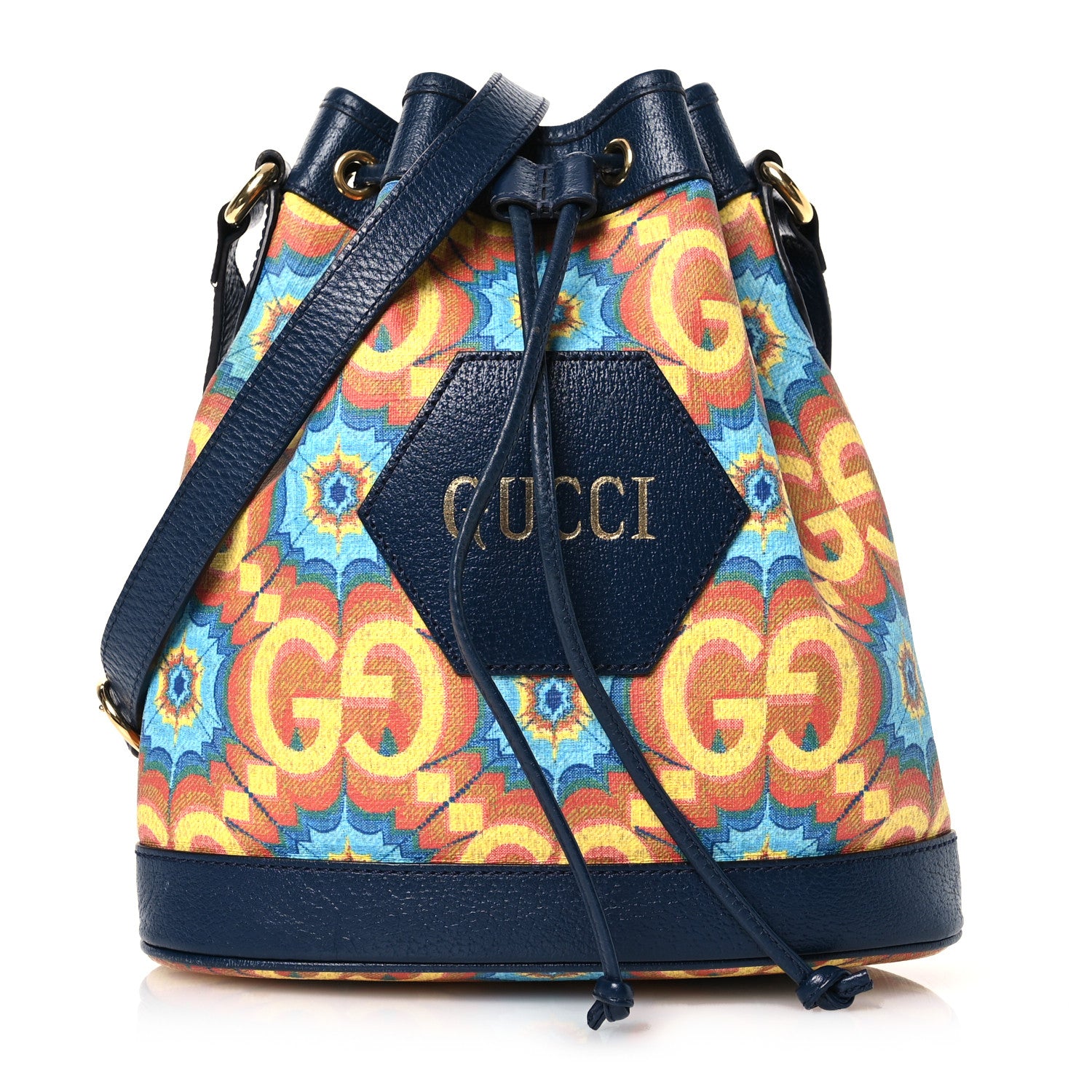 Gucci GG Supreme Kaleidoscope Calfskin Script Logo Gucci 100 Bucket Drawstring Bag Blue Orange Multicolor Blue Agata 1 of 13
