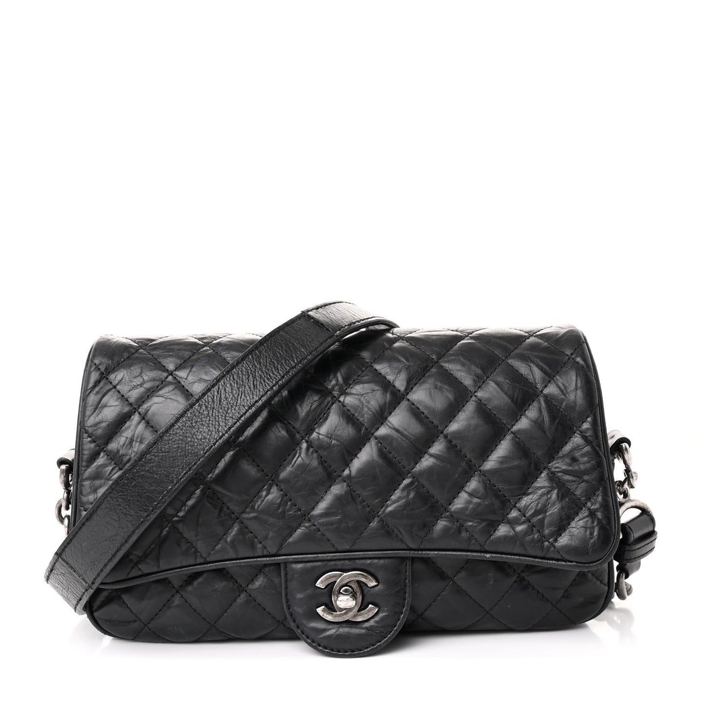 Crumpled Calfskin Quilted Medium Casual Rock Flap Black