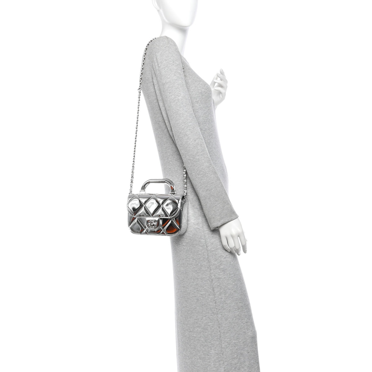 Mirror Calfskin Small Top Handle Clutch With Chain Silver