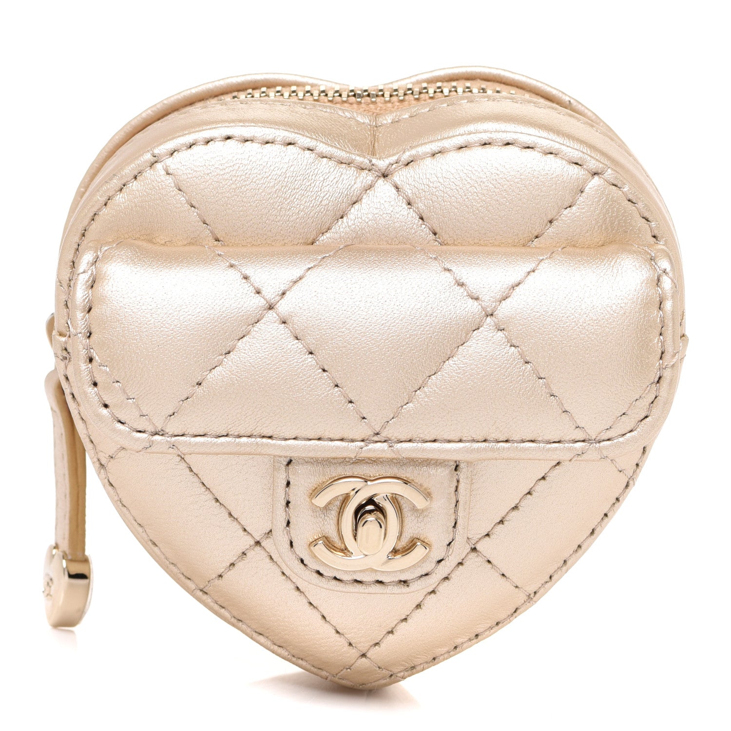 Chanel Metallic Lambskin Quilted CC In Love Heart Zipped Arm Coin Purse Gold 1 of 8