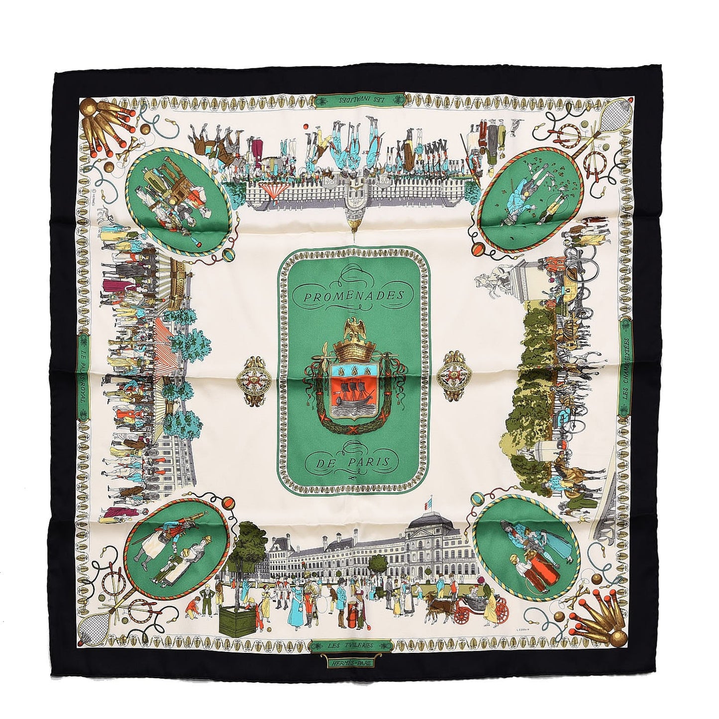Silk Promenades de Paris Scarf 70 Black Creme Emeraude