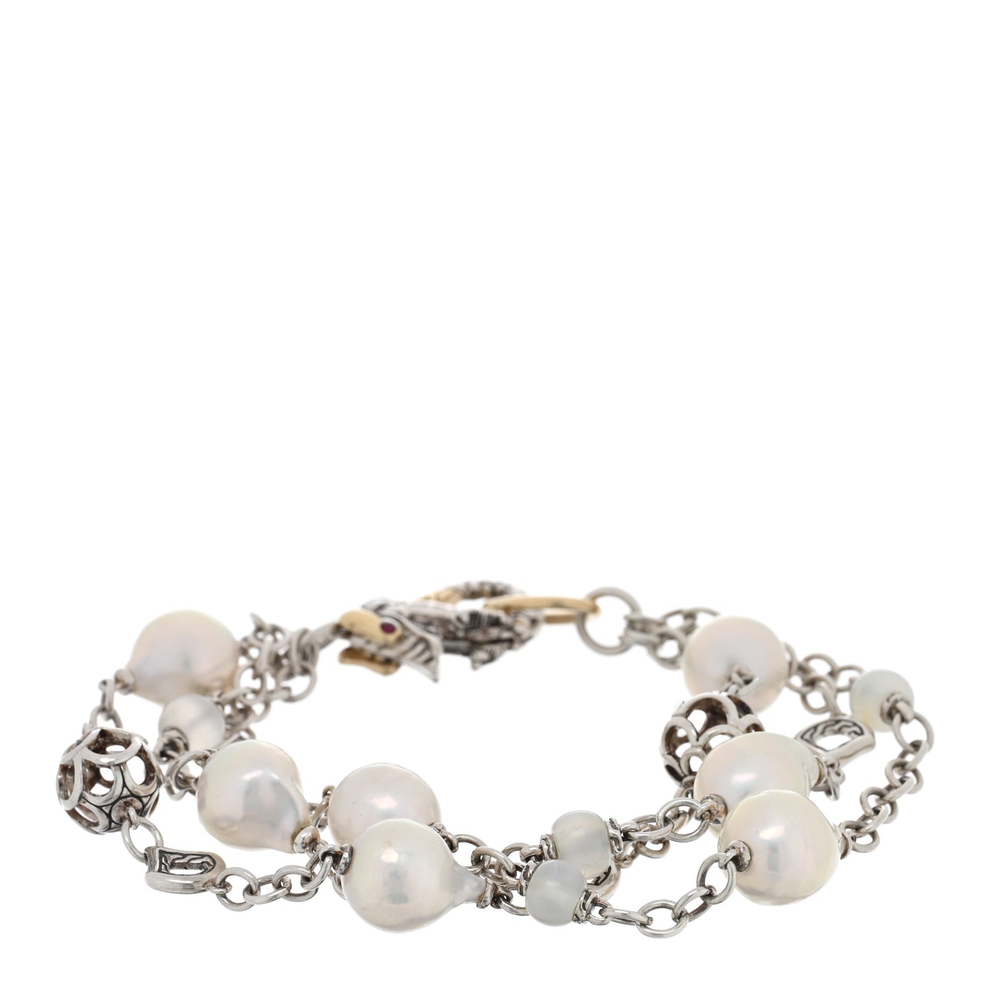Sterling Silver 18K Yellow Gold Cultured Pearl Ruby Moonstone Naga Dragon Three Strand Bracelet