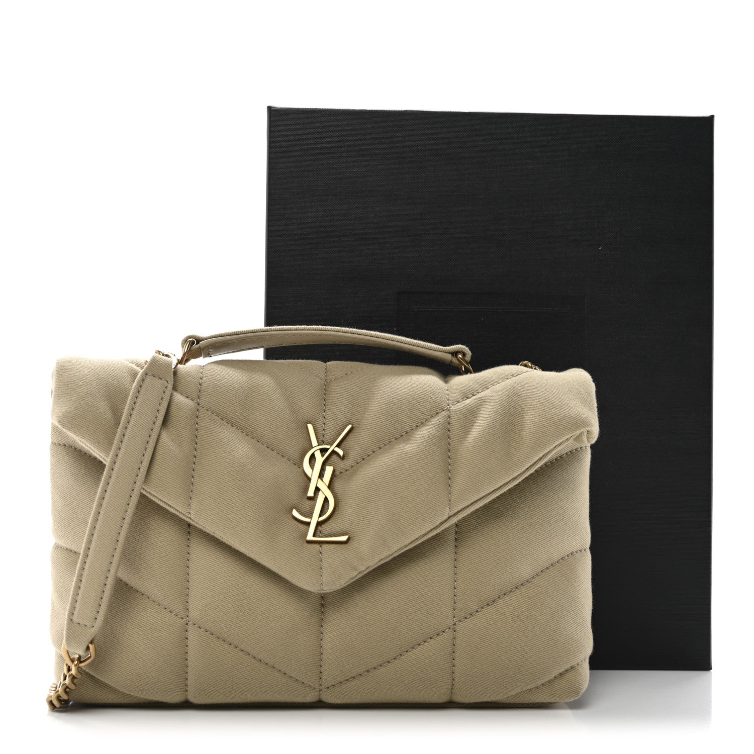 Saint Laurent Canvas Quilted Toy Loulou Puffer Monogram Chain Satchel Cool Beige 11 of 11