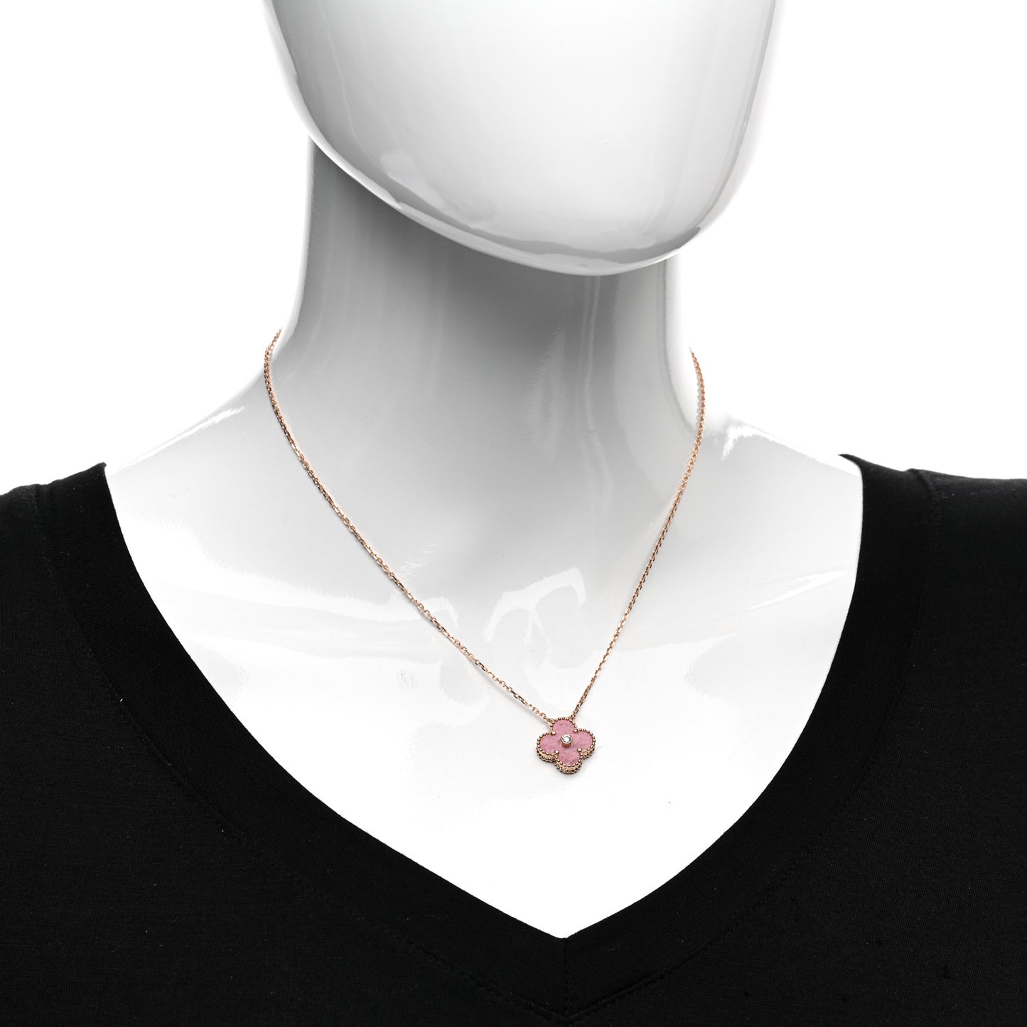 18K Rose Gold Diamond Rhodonite Vintage Alhambra Pendant Necklace