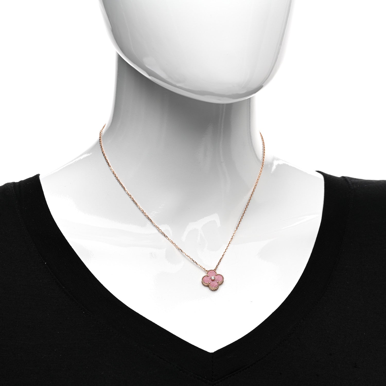 Van Cleef & Arpels 18K Rose Gold Diamond Rhodonite Vintage Alhambra Pendant Necklace 2 of 6