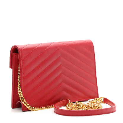 Saint Laurent Grain De Poudre Matelasse Chevron Monogram Envelope Chain Wallet New Red 3 of 11