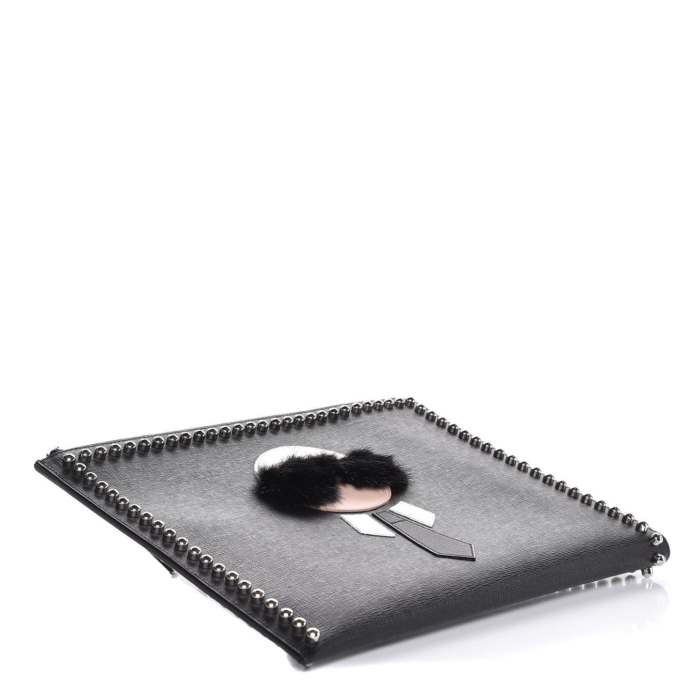 Vitello Elite Mink Fur Studded Karlito Zip Around Pouch Black